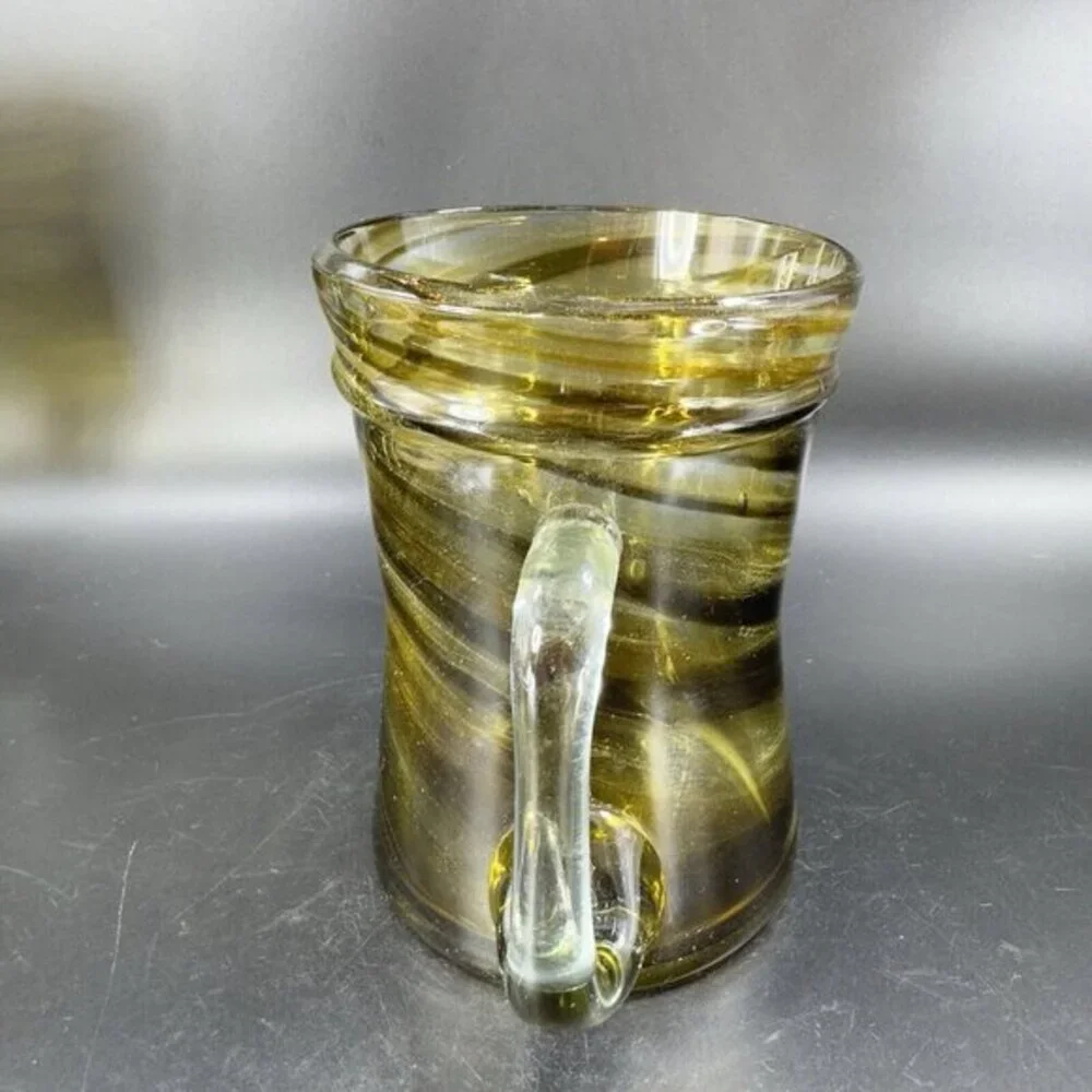 Art Glass Mug‎ Cup With Applied Clear Handle Green Black Swirls Lines Hand Made